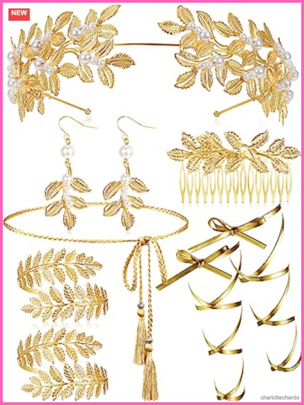 Greek Goddess Costume Accessory Set Alloy Artificial Pearl Leaf Crown Belt 8 Pcs